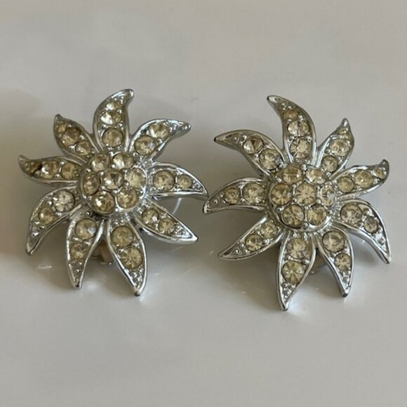Sarah Coventry Jewelry - Vintage Sarah Coventry Sunburst Rhinestone Crystal Silver Tone Clip On Earrings